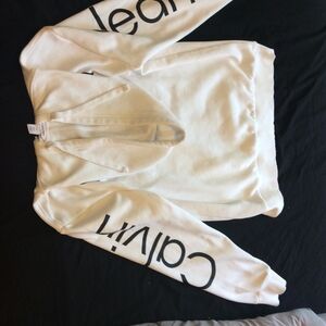 Calvin Klein White Crewneck Sweatshirt with Black Logo Sleeves